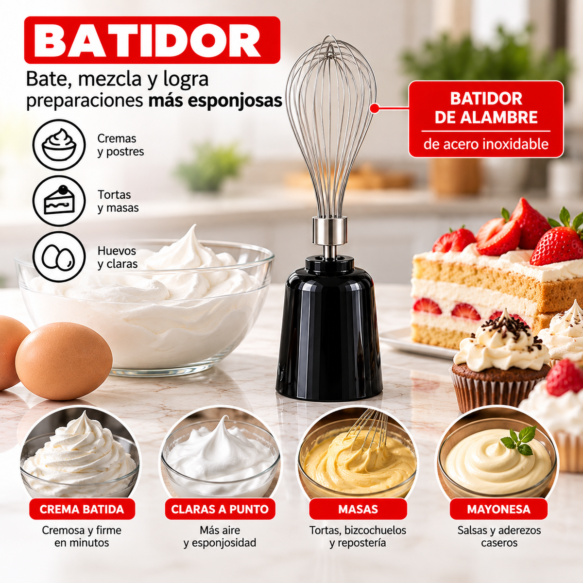 Batidora de Mano LEZA Combo 4 en 1 + Ebook de 60 recetas