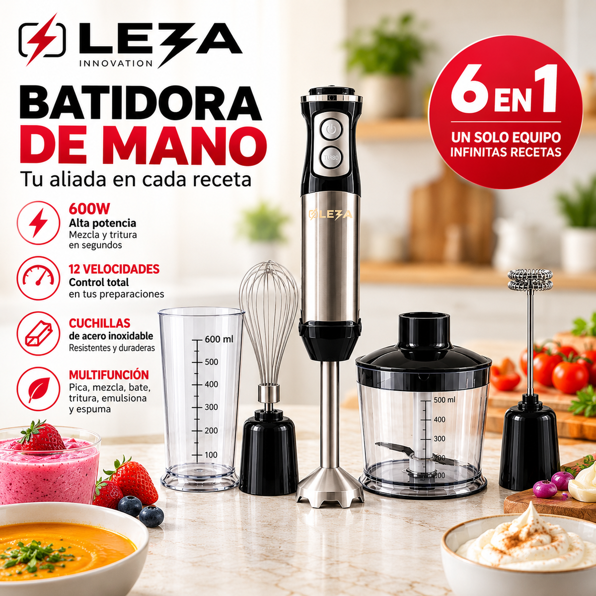 Batidora de Mano LEZA Combo 4 en 1 + Ebook de 60 recetas